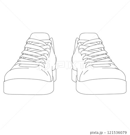 The contour of sports sneakers from black lines isolated on a white background. Front view. Vector illustration. 121536079