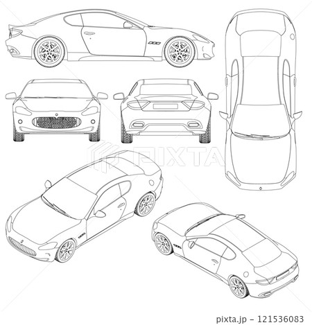 Set with the contours of a sports car from black lines isolated on a white background. Top, side, back, isometric, front view. 3D. Vector illustration. 121536083