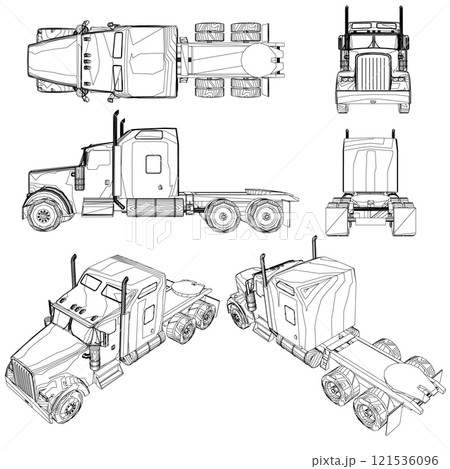 Set with the contours of a cargo truck without a trailer from black lines isolated on a white background. Front, side, back, top, isometric view. Vector illustration. Set with the contours of a cargo truck without a trailer from black lines isolated on a white background. Front, side, back, top, isometric view. Vector illustration. 121536096