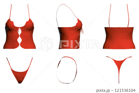 Set with polygonal model of red sexy women's underwear isolated on white background. Front, side, back view. 3D. Vector illustration. 121536104