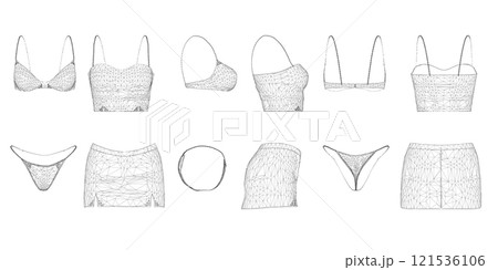 A set with a wireframe of women's clothing from black lines isolated on a white background. Front, side, back view. Women's panties, bra, skirt and top. 3D. Vector illustration. 121536106