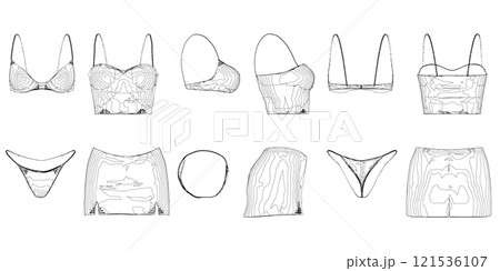 Set with a contour of women's clothing from black lines isolated on a white background. Front, side, back view. Women's panties, bra, skirt and top. 3D. Vector illustration. 121536107