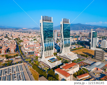 Folkart Towers aerial panoramic view in Izmir city 121536145