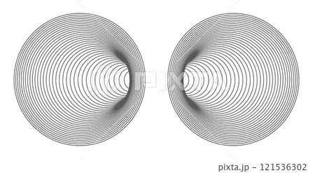 Symmetrical design of two mirrored circles with concentric black lines on a white background. Symmetrical design of two mirrored circles with concentric black lines on a white background. 121536302