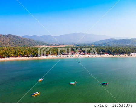 Palolem Beach aerial panoramic view in Goa, India 121536375