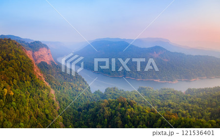 Sharavati river valley aerial panoramic view in India 121536401