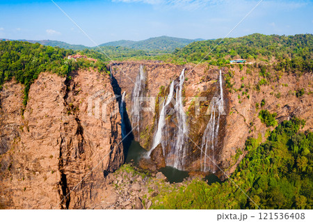 Jog Falls aerial panoramic view in Karnataka state, India Jog Falls aerial panoramic view in Karnataka state, India 121536408