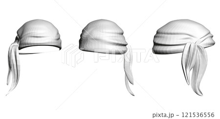 Set with a polygonal model of a white bandana isolated on a white background. Pirate bandana. Front, side, back view. 3D. Vector illustration. 121536556