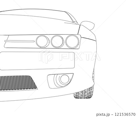 The contour of the front of the car from black lines isolated on a white background. Front view. 3D. Vector illustration. 121536570