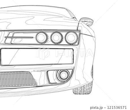 The contour of the front of the car from black lines isolated on a white background. Front view. 3D. Vector illustration. 121536571