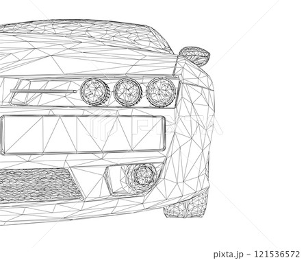 Polygonal wireframe of the front of the car from black lines isolated on a white background. Front view. 3D. Vector illustration. 121536572