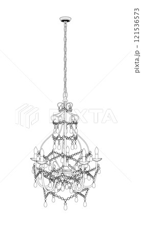 Outline of a vintage chandelier from black lines isolated on a white background. Front view. 3D. Vector illustration. 121536573