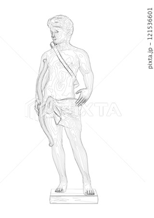The contour of the sculpture of a male archer from black lines isolated on a white background. Front view. Vector illustration. The contour of the sculpture of a male archer from black lines isolated on a white background. Front view. Vector illustration. 121536601