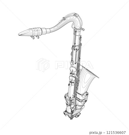 Saxophone outline from black lines isolated on white background. Perspective view. 3D. Vector illustration. 121536607