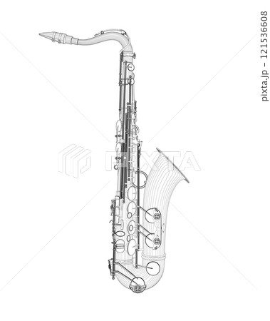 Saxophone outline from black lines isolated on white background. Side view. 3D. Vector illustration. Saxophone outline from black lines isolated on white background. Side view. 3D. Vector illustration. 121536608