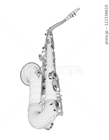 Saxophone wireframe from black lines isolated on white background. Perspective view. 3D. Vector illustration. 121536610