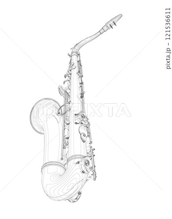 Saxophone outline from black lines isolated on white background. Perspective view. 3D. Vector illustration. 121536611