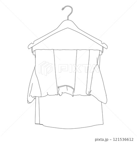 Outline of a T-shirt hanging on a hanger from black lines isolated on a white background. Front view. Vector illustration. 121536612