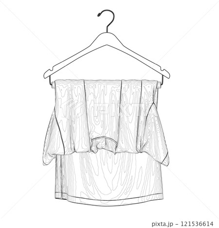 Outline of a T-shirt hanging on a hanger from black lines isolated on a white background. Front view. Vector illustration. 121536614