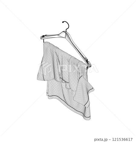 Wireframe of a T-shirt hanging on a hanger from black lines isolated on a white background. Isometric view. 3D. Vector illustration. 121536617