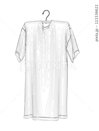 Outline of a T-shirt hanging on a hanger from black lines isolated on a white background. Front view. Vector illustration. 121536622