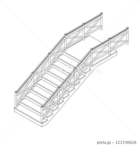 Staircase outline from black lines isolated on white background. Isometric view. 3D. Vector illustration. 121536626