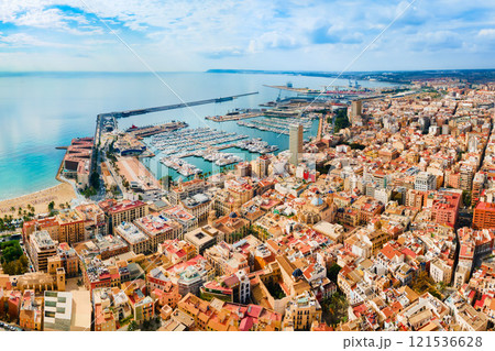 Alicante city port aerial panoramic view, Spain 121536628