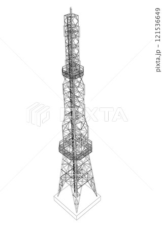 Outline of a high tower for communications from black lines isolated on a white background. Isometric view. 3D. Vector illustration. Outline of a high tower for communications from black lines isolated on a white background. Isometric view. 3D. Vector illustration. 121536649