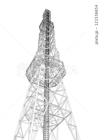 Outline of a high tower for communications from black lines isolated on a white background. Bottom view. 3D. Vector illustration. 121536654