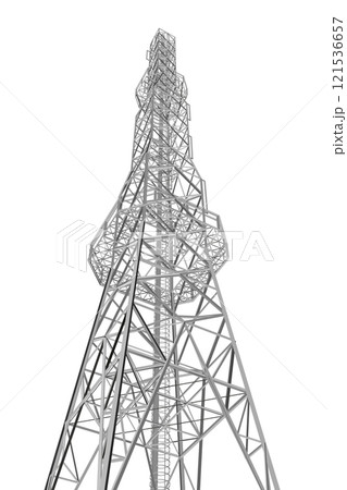 Polygonal model of a high communication tower isolated on a white background. Bottom view. 3D. Vector illustration. Polygonal model of a high communication tower isolated on a white background. Bottom view. 3D. Vector illustration. 121536657