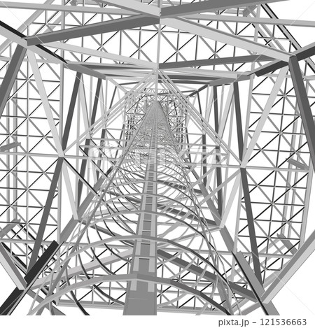 Polygonal model of a high communication tower isolated on a white background. View from below inside the tower. 3D. Vector illustration. 121536663