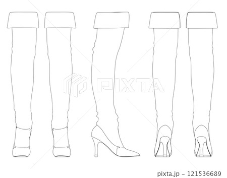 Set with contours of high women's boots with high heels from black lines isolated on a white background. Front, side, back view. Vector illustration. Set with contours of high women's boots with high heels from black lines isolated on a white background. Front, side, back view. Vector illustration. 121536689