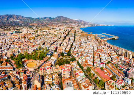Fuengirola city beach and port aerial panoramic view Fuengirola city beach and port aerial panoramic view 121536690