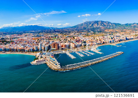 Fuengirola city beach and port aerial panoramic view Fuengirola city beach and port aerial panoramic view 121536691