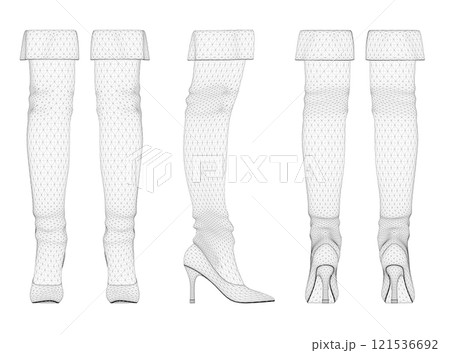 A set with a wireframe of women's high heeled boots from black lines isolated on a white background. Front, side, back view. 3D. Vector illustration. A set with a wireframe of women's high heeled boots from black lines isolated on a white background. Front, side, back view. 3D. Vector illustration. 121536692