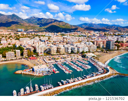 Marbella city port and beach aerial panoramic view 121536702