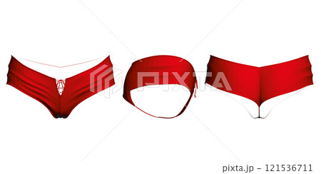 Set with polygonal model of red women's panties isolated on white background. Front, side, back view. 3D. Vector illustration. 121536711