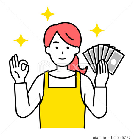 お金を持ってOKサインをするエプロン姿の女性 121536777