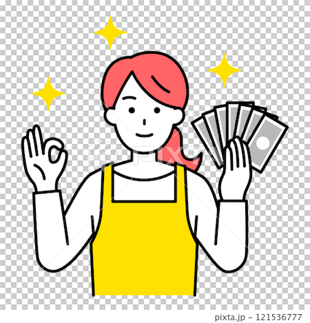 お金を持ってOKサインをするエプロン姿の女性 121536777