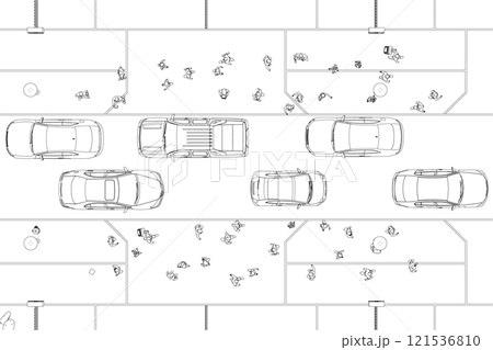 Outline of a busy street with people and cars from black lines isolated on a white background. View from above. 3D. Vector illustration. Outline of a busy street with people and cars from black lines isolated on a white background. View from above. 3D. Vector illustration. 121536810