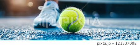 Tennis sport close up with free copy space. Competition outdoor with racket and ball 121537008