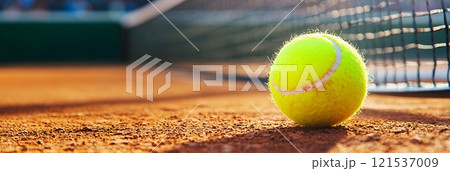 Tennis sport close up with free copy space. Competition outdoor with racket and ball 121537009