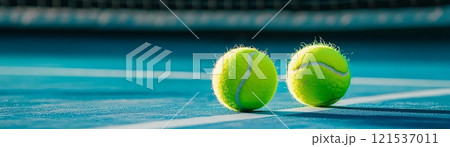 Tennis sport close up with free copy space. Competition outdoor with racket and ball Tennis sport close up with free copy space. Competition outdoor with racket and ball 121537011