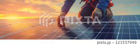 Electrician installing solar panels on top of the roof. Green energy and renewable concept 121537049