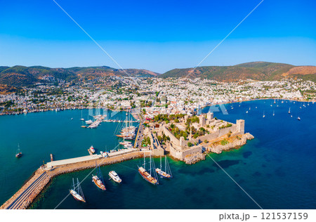 The Bodrum Castle and marina aerial panoramic view in Turkey The Bodrum Castle and marina aerial panoramic view in Turkey 121537159