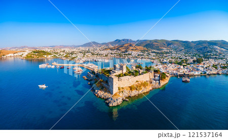 The Bodrum Castle and marina aerial panoramic view in Turkey The Bodrum Castle and marina aerial panoramic view in Turkey 121537164