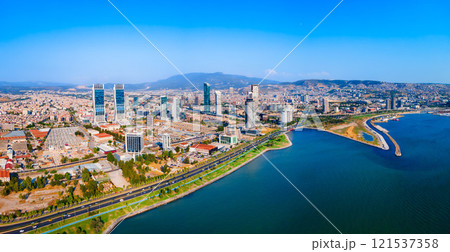 Bayrakli business district aerial panoramic view in Izmir city 121537358
