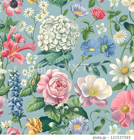 A delicate and romantic floral design featuring a variety of pastel hues and intricate details. 121537393