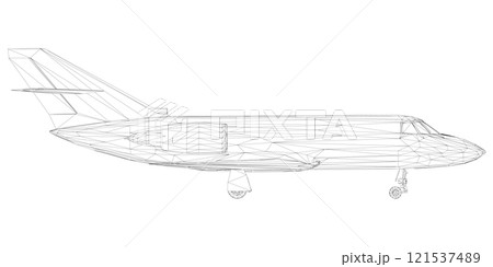Passenger aircraft wireframe from black lines isolated on white background. Side view. 3D. Vector illustration. 121537489