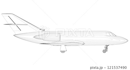 Outline of a passenger plane from black lines isolated on a white background. Side view. 3D. Vector illustration. Outline of a passenger plane from black lines isolated on a white background. Side view. 3D. Vector illustration. 121537490